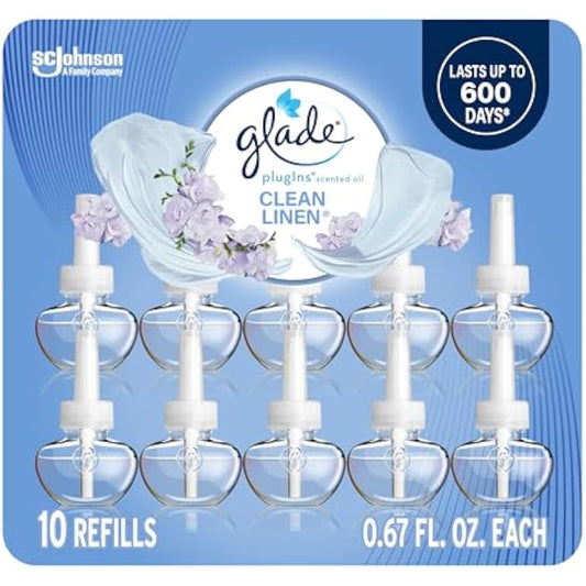 Glade PlugIns Refills Air Freshener, Scented and Essential Oils for Home and Bathroom, Clean Linen, 6.7 Fl Oz, 10 Count