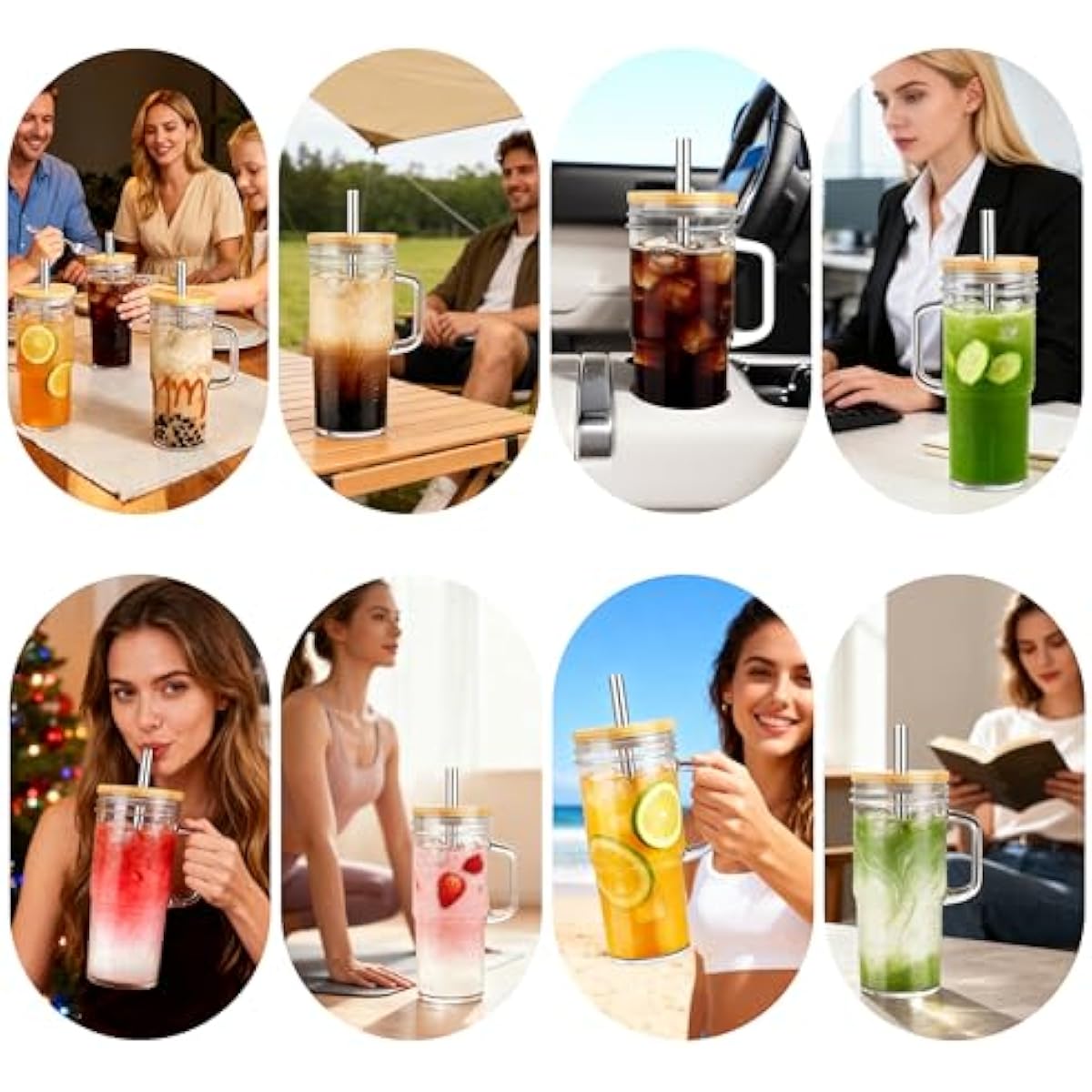 Birity 24oz Glass Cups with Lids and Straws,Glass Tumbler with Handle,2 set–Reusable Glass Ice Coffee Cups with Lid and Straw for Smoothies,Tea,Juice,Boba Cup for Cold & Hot Drinks,Travel Cup