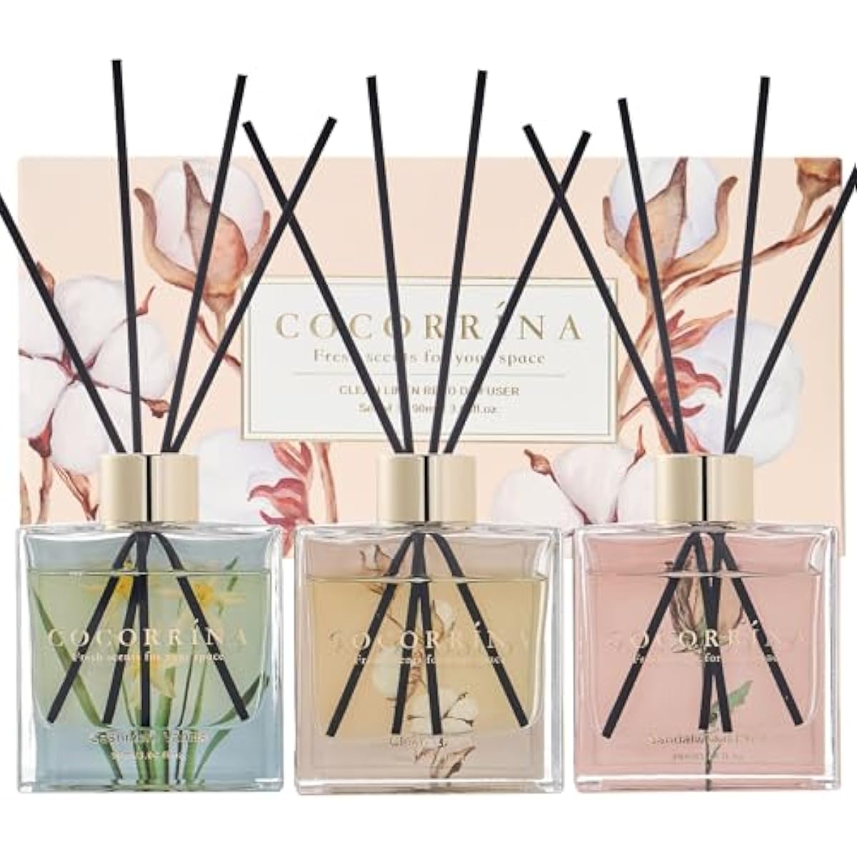 COCORRÍNA Reed Diffuser Set of 3-3 Pack/ 3.04 Fl.oz Diffuser with 24 Sticks Cashmere Vanilla/Sandalwood Rose/Clean Linen Reed Diffuser for Home Bathroom Office Decor
