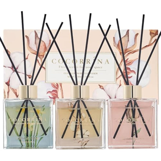 COCORRÍNA Reed Diffuser Set of 3-3 Pack/ 3.04 Fl.oz Diffuser with 24 Sticks Cashmere Vanilla/Sandalwood Rose/Clean Linen Reed Diffuser for Home Bathroom Office Decor