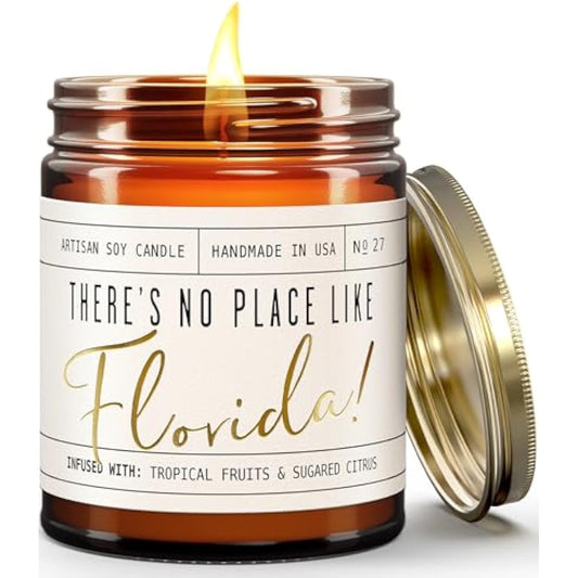 Florida Gifts, Florida Decor for Home - 'There's No Place Like Florida Candle, w/Tropical Fruits & Sugared Citrus I Florida Souvenirs I Florida State Gifts I 9oz Jar, 50Hr Burn, USA Made