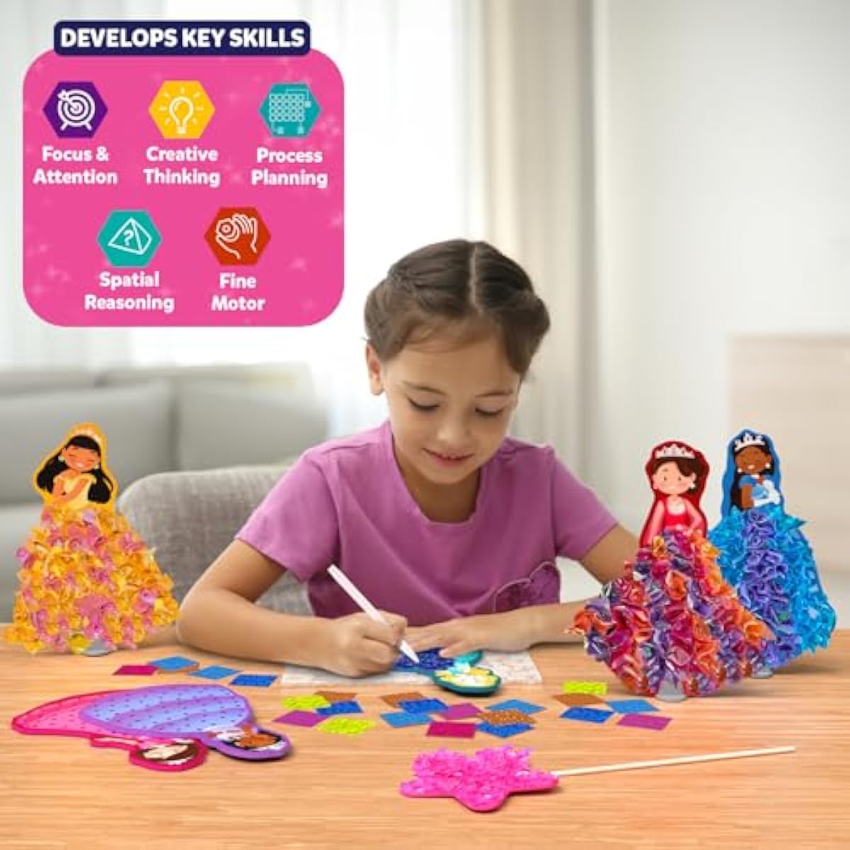 Skillmatics Poke-in Art - Magical Princesses, Mess-Free Fun for Kids, DIY Wood Craft Kits, Creative Activity, Easter Gifts for Girls & Boys Ages 4, 5, 6, 7, 8, 9