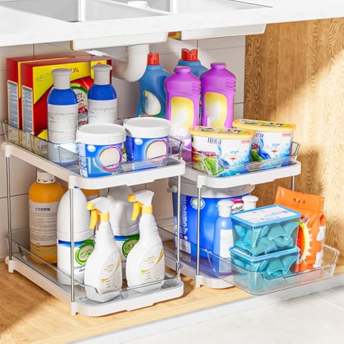 Delamu 2-Tier Multi-Purpose Bathroom Under Sink Organizers and Storage, Stackable Kitchen Pantry Organization, Pull Out Medicine Cabinet Organizer with Movable Dividers, White, 2 Pack