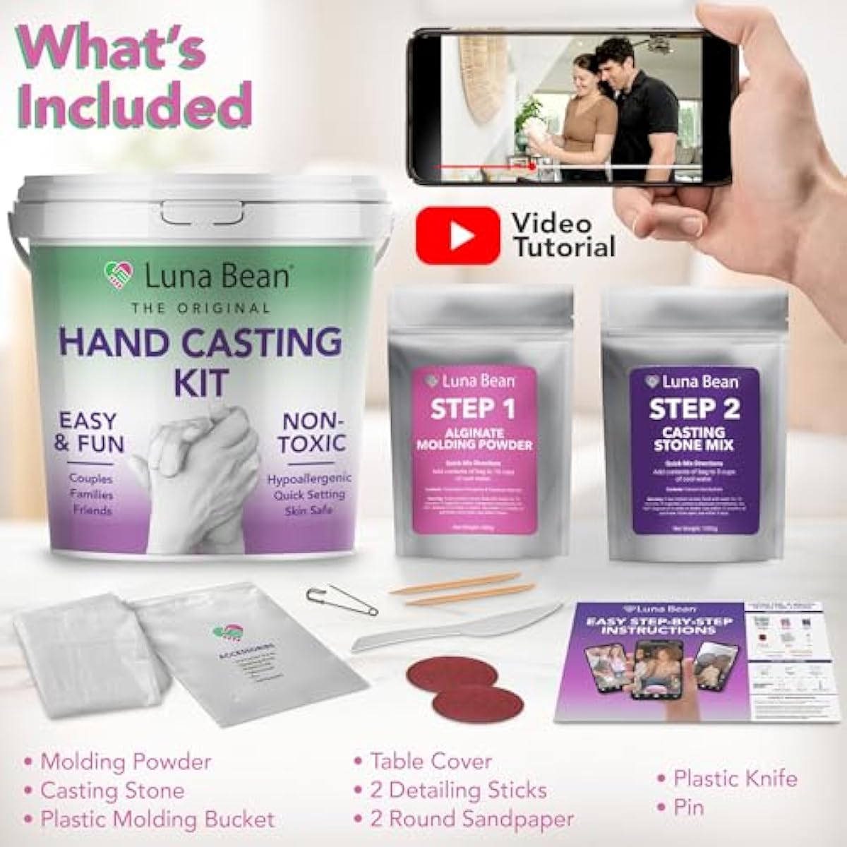 Luna Bean Hand Casting Kit – The Original Hand Mold Kit – Mothers Day Gifts for Mom - Anniversary Engagement Gifts for Women Men Couples Wife Boyfriend Girlfriend Wedding Bridal Shower