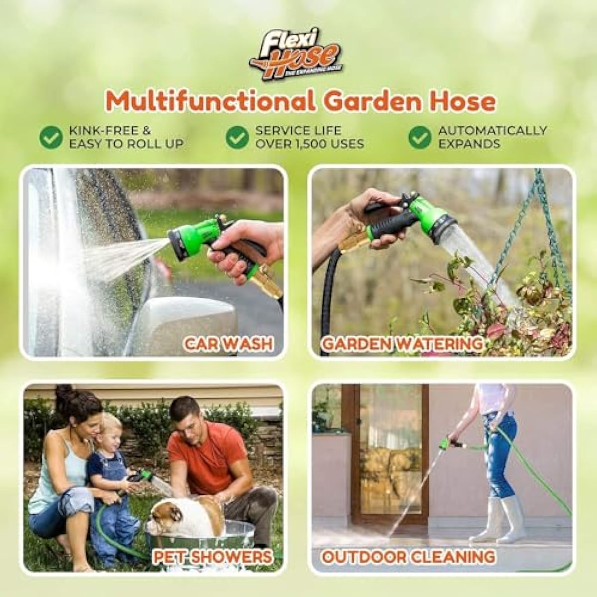 Flexi Hose Expandable Garden Hose with 8 Function Nozzle, 50FT - Lightweight Retractable Garden Hose, Water Hose - No-Kink Flexibility, 3/4 Inch Solid Brass Fittings and Double Latex Core