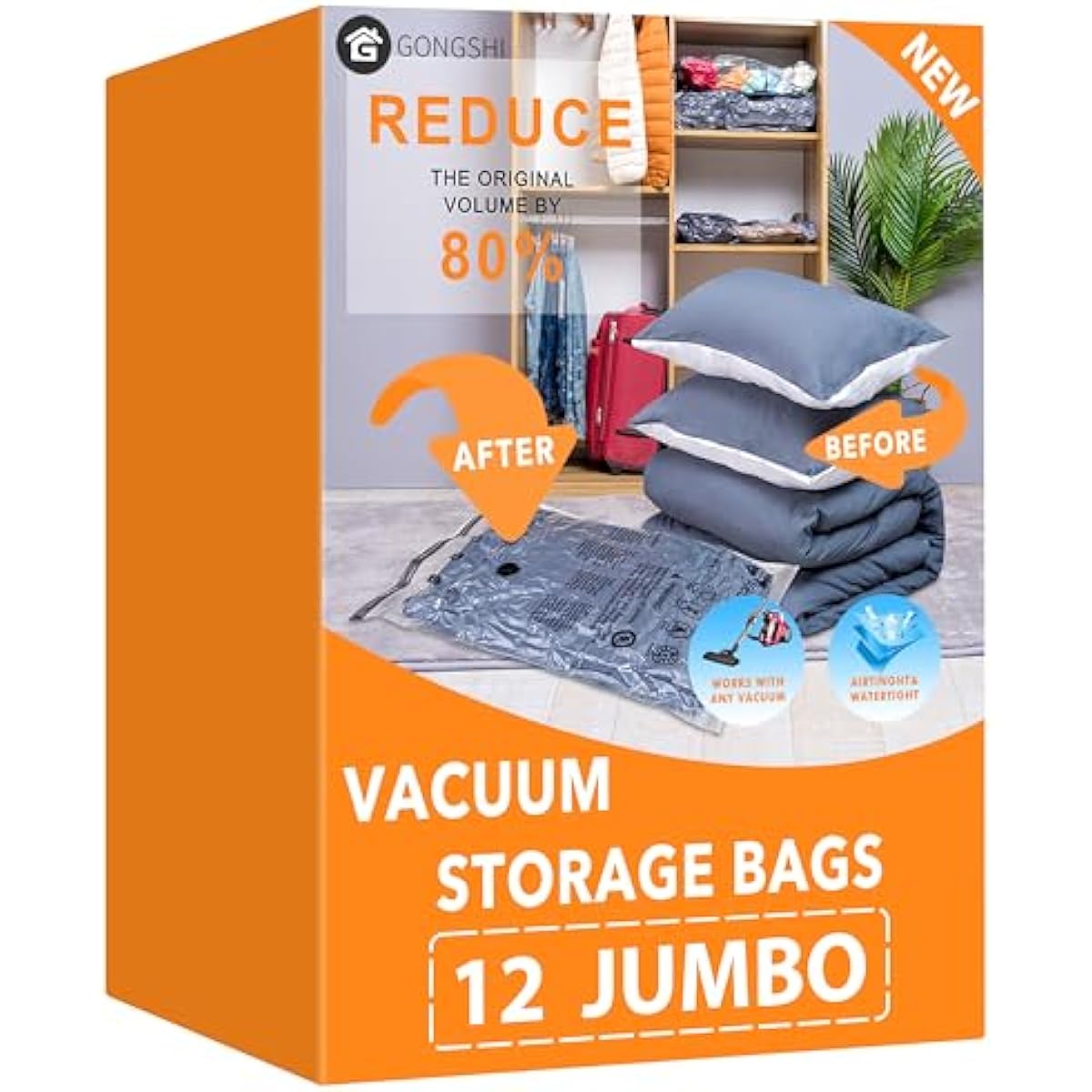 GONGSHI Vacuum Storage Bags, Space Saver Bags for Clothing,Blankets,Comforters, Pillows, Clothes,Travel,12 Jumbo