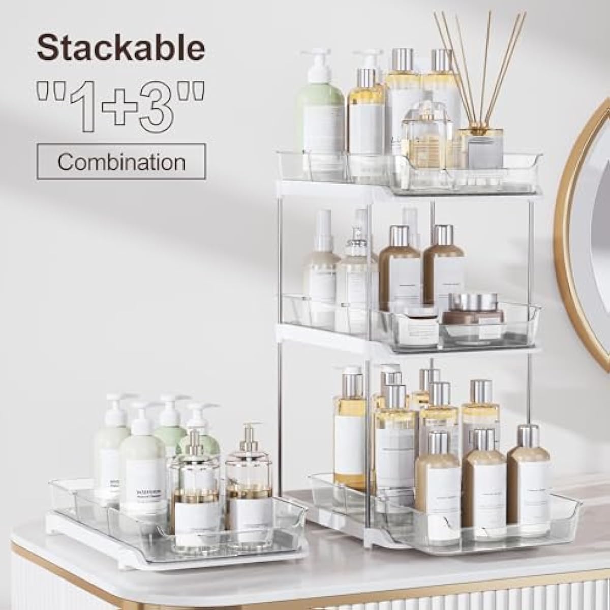 Delamu 2-Tier Multi-Purpose Bathroom Under Sink Organizers and Storage, Stackable Kitchen Pantry Organization, Pull Out Medicine Cabinet Organizer with Movable Dividers, White, 2 Pack