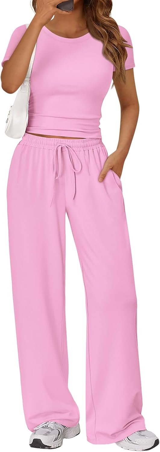 Trendy Queen 2 Piece Matching Summer Sweatsuit Lounge Set Womens Wide Leg Pants Side Ruching Crop Top Sets