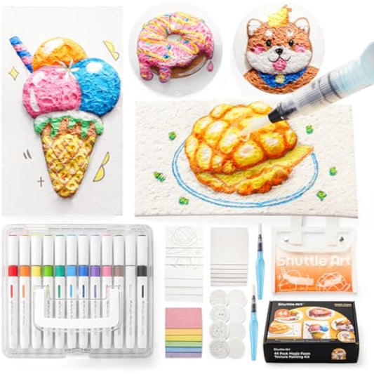 Shuttle Art 44 Pcs Magic Foam Texture Painting Kit, Including 28 Pcs Foam Texture Paper, 12 Colors Brush Tip Acrylic Paint Markers, Magical 3D Effect Painting Kit