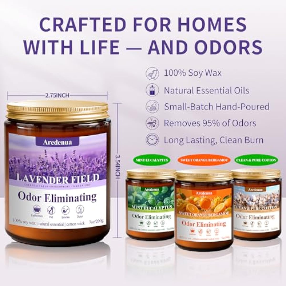 4 Pack Odor Eliminating Candles Set - Eliminates 95% of Pet, Smoke, Food & Other Smells - Hand Poured Non-Toxic Soy Candle, Air Freshing Scent of Lavender/Orange/Mint/Cotton - Gifts Set for Women