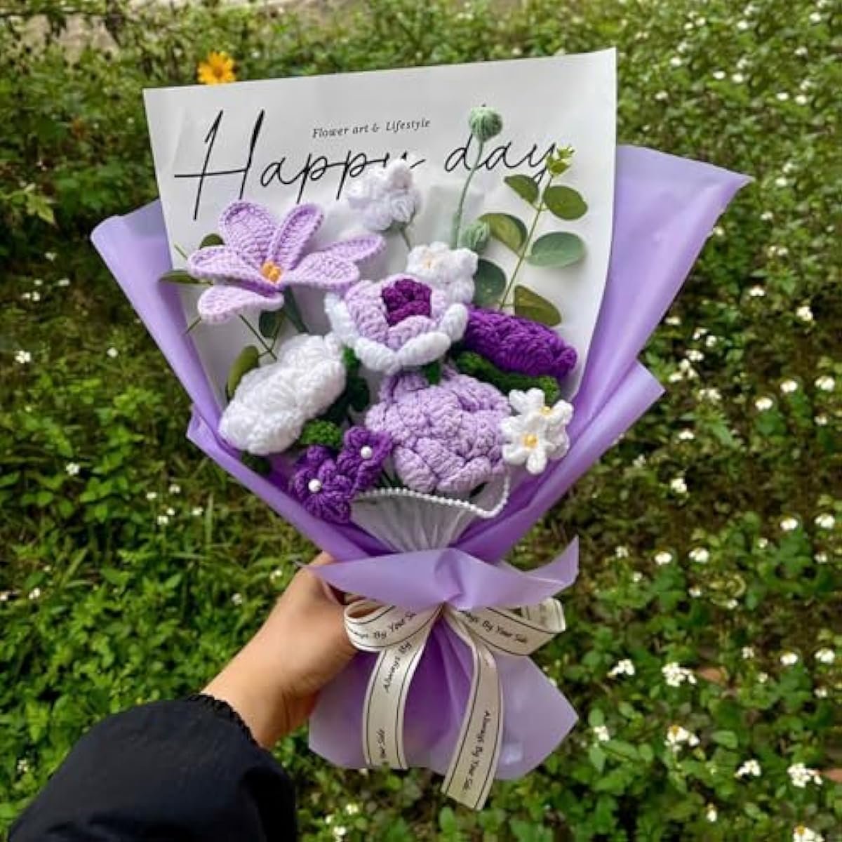 Completed Purple Crochet Flowers Bouquet, Handmade Knitted Bouquet, Crochet Artificial Flowers for Mother's Day Birthday, Wedding Home Decor, Gifts for Mom (Purple Tulip)