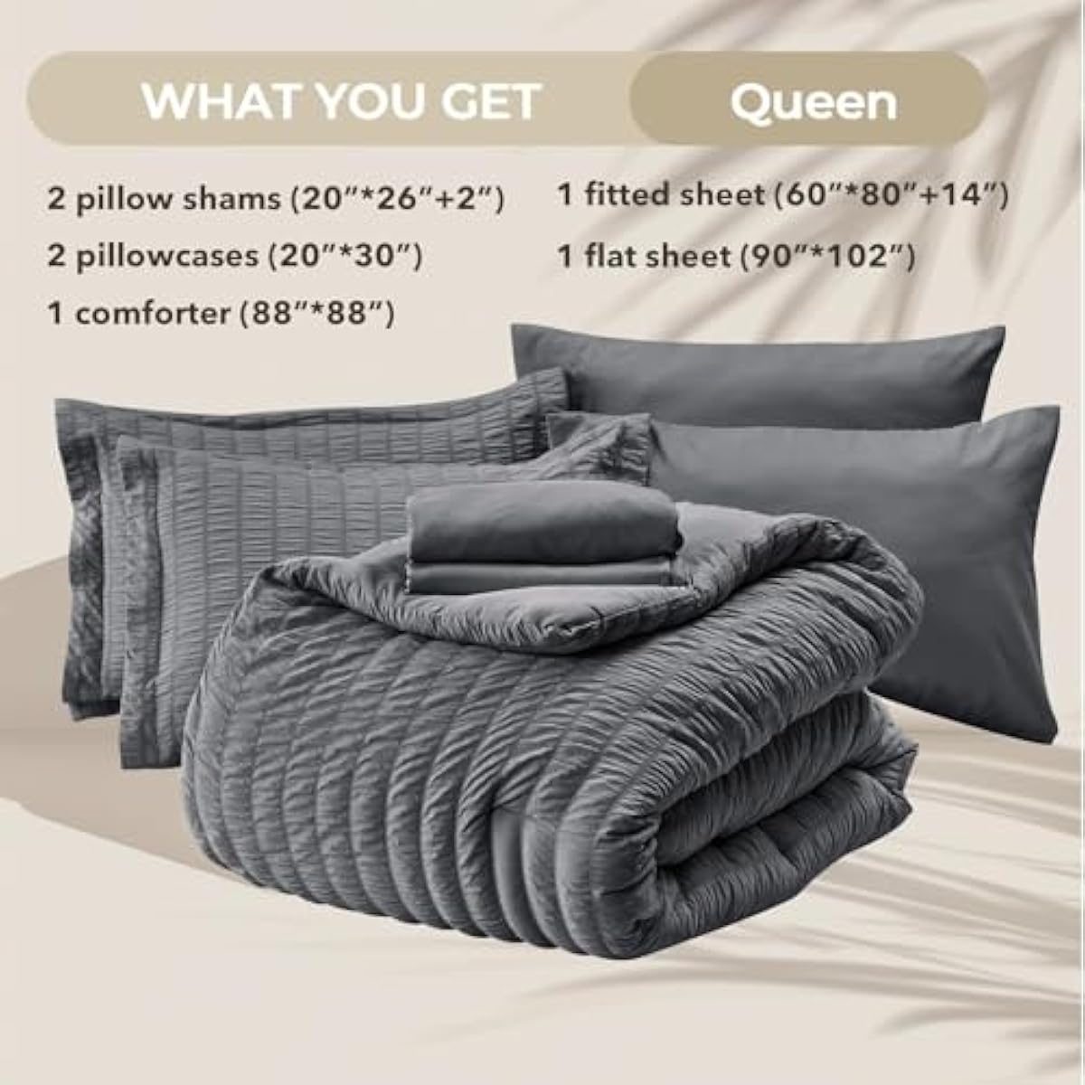 HYMOKEGE Queen Comforter Set Seersucker 7 Pieces, All Season Luxury Bed in a Bag for Bedroom, Bedding Set with Comforters, Sheets, Pillowcases & Shams, Dark Grey