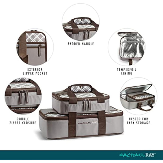 Rachael Ray Lugger Duo, Insulated Casserole Carrier for Hot or Cold Food, Thermal Lasanga Lugger Tote for Pockluck, Parties, Picnic, and Cookouts, Fits 9" x 13" Baking Dish, Sea Salt Grey
