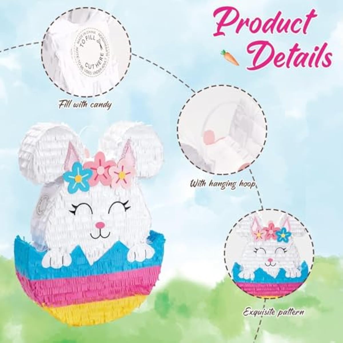 WERNNSAI Easter Bunny Piñata - Easter Rabbit Piñata Spring Pinata with Blindfold and Stick for Birthday Party Decoration Baby Shower School Activities Game Spring Party Game