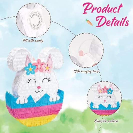 WERNNSAI Easter Bunny Piñata - Easter Rabbit Piñata Spring Pinata with Blindfold and Stick for Birthday Party Decoration Baby Shower School Activities Game Spring Party Game