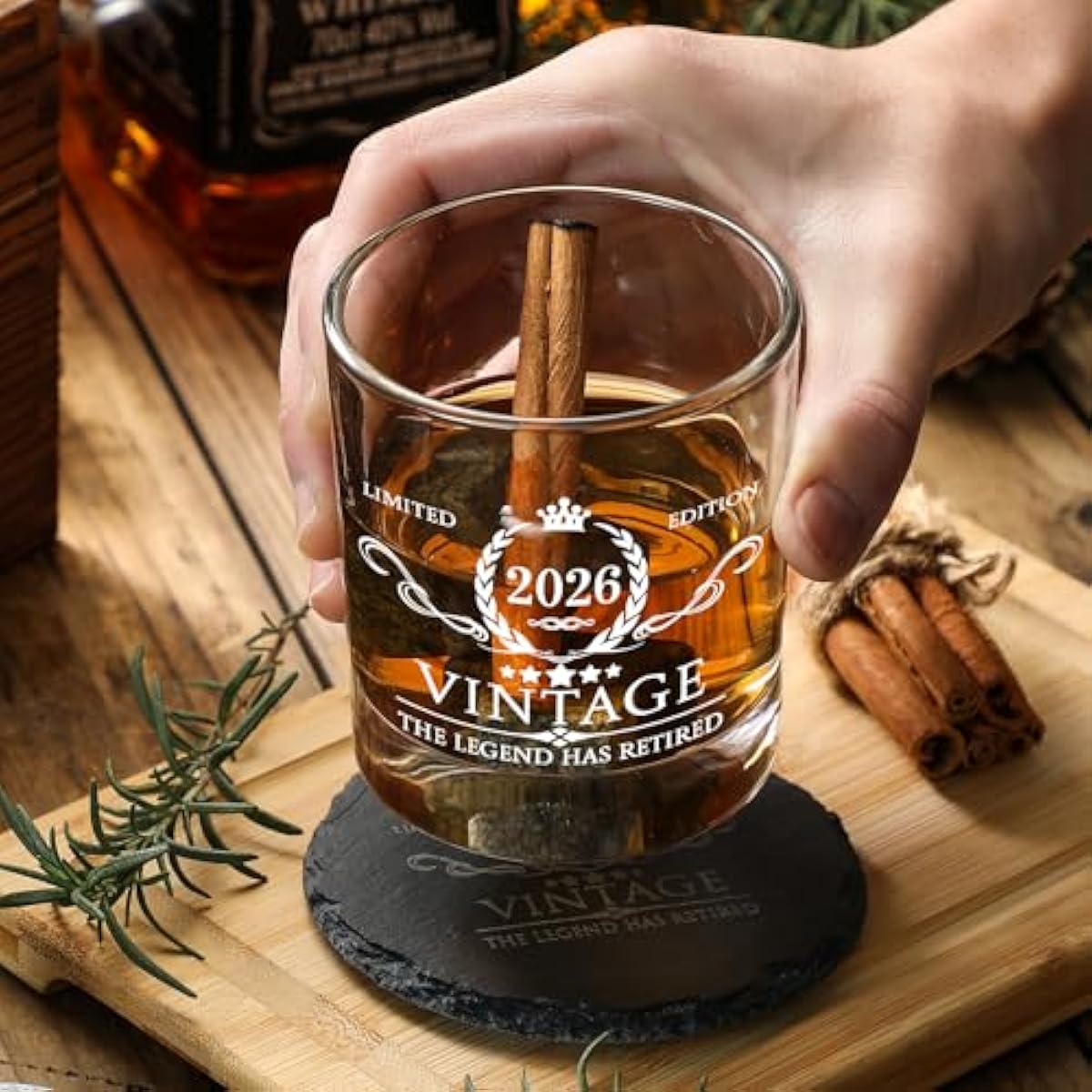 Retirement Gifts for Men Whiskey Glass Set - The Legend Has Retired 2026 - Retirement Party Decorations, Supplies - Gifts Ideas for Him, Dad, Husband, Friends - Wood Box & Whiskey Stones & Coaster