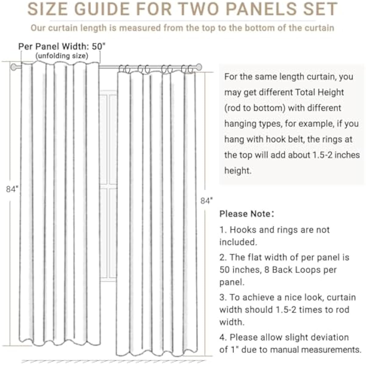 100% Blackout Shield Linen Blackout Curtains for Bedroom 84 Inches Long, Back Tab/Rod Pocket Living Room Drapes, Thermal Insulated Blackout Curtains 2 Panels Set, 50" W x 84" L, Cream