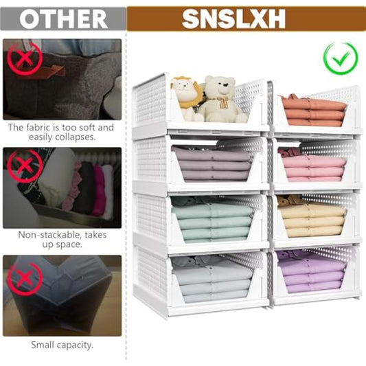 SNSLXH 5 Pack Stackable Closet Storage Basket, Multifunctional & Foldable Closet Organizer for Bathroom Kitchen Laundry Room Wardrobe Storage, Space-Saving Clothes Storage Drawer Organizer, White