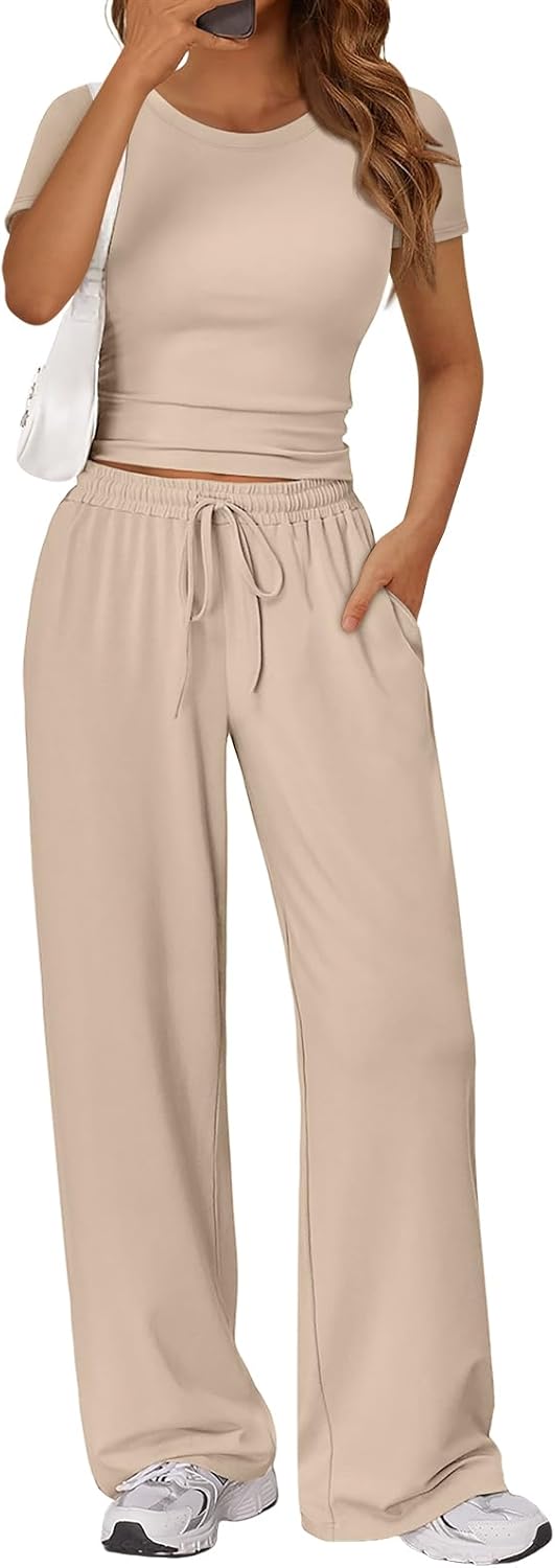 Trendy Queen 2 Piece Matching Summer Sweatsuit Lounge Set Womens Wide Leg Pants Side Ruching Crop Top Sets