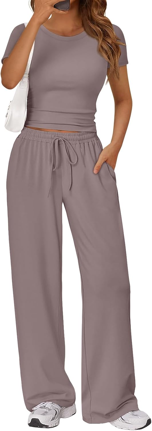 Trendy Queen 2 Piece Matching Summer Sweatsuit Lounge Set Womens Wide Leg Pants Side Ruching Crop Top Sets