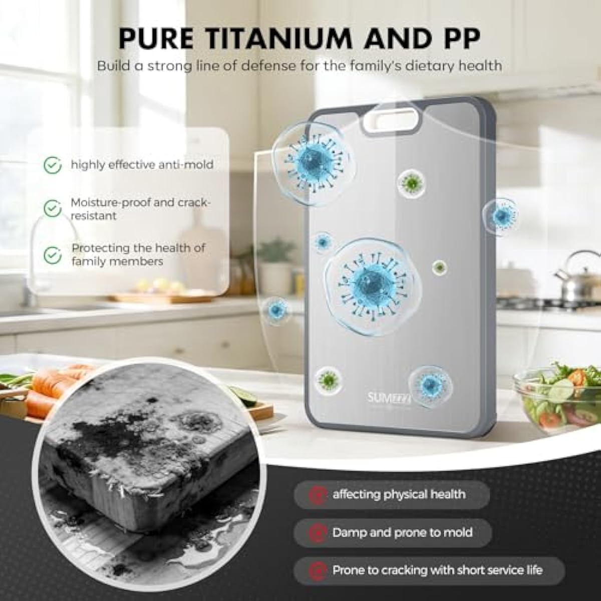 Sumzzz Titanium Cutting Board for Kitchen, Cutting Board Double Sided Food Grade, Pure Titanium/PP, Easy to Clean Large Size 15”×10.3”