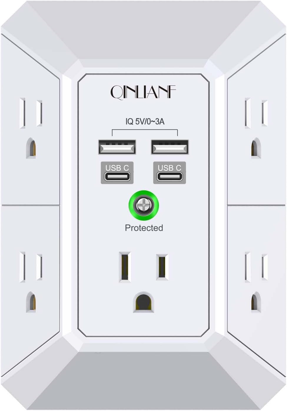 Wall Charger, Surge Protector, QINLIANF 5 Outlet Extender with 4 USB Charging Ports, 3-Sided 1680J Power Strip Multi Plug Adapter Spaced for Home Travel Office