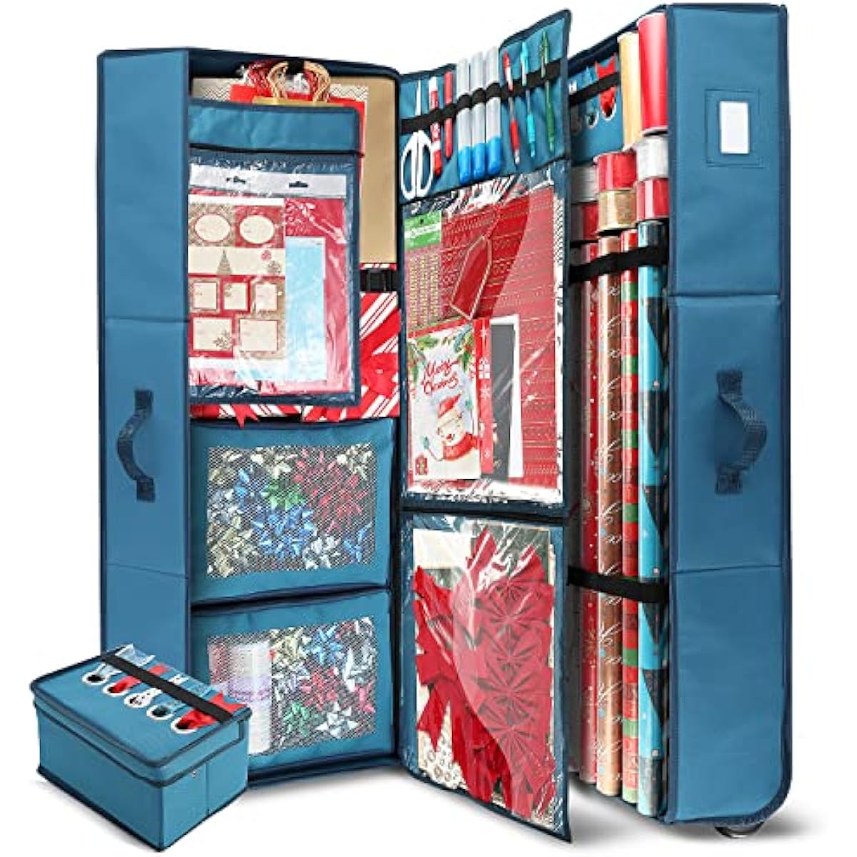 Hearth & Harbor Wrapping Paper Storage Container with Ribbon Dispenser and Interior Pockets - Large Christmas Storage Containers with Wheels, Fits 30 Rolls of 40" Length, Blue