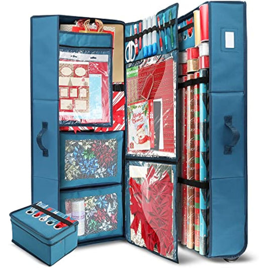 Hearth & Harbor Wrapping Paper Storage Container with Ribbon Dispenser and Interior Pockets - Large Christmas Storage Containers with Wheels, Fits 30 Rolls of 40" Length, Blue
