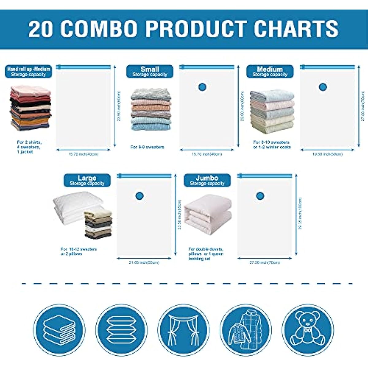 Cozy Essential Vacuum Storage Bags, 80% Compression Vacuum Seal Space Saver Plastic Packaging Bags for Clothes, Blankets, Pillow, Bedding, Comforters, Sealer Clothing Storage,20 Combo