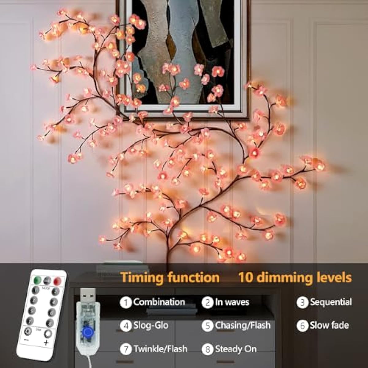 Cherry Enchanted Willow Vine Lights 7.55FT 144LED Pink Cherry Blossom Tree Branch Lights for Wall, Remote Timer,8 Light Model,Bedroom Wall Doors Wedding, Christmas, USB Battery Box