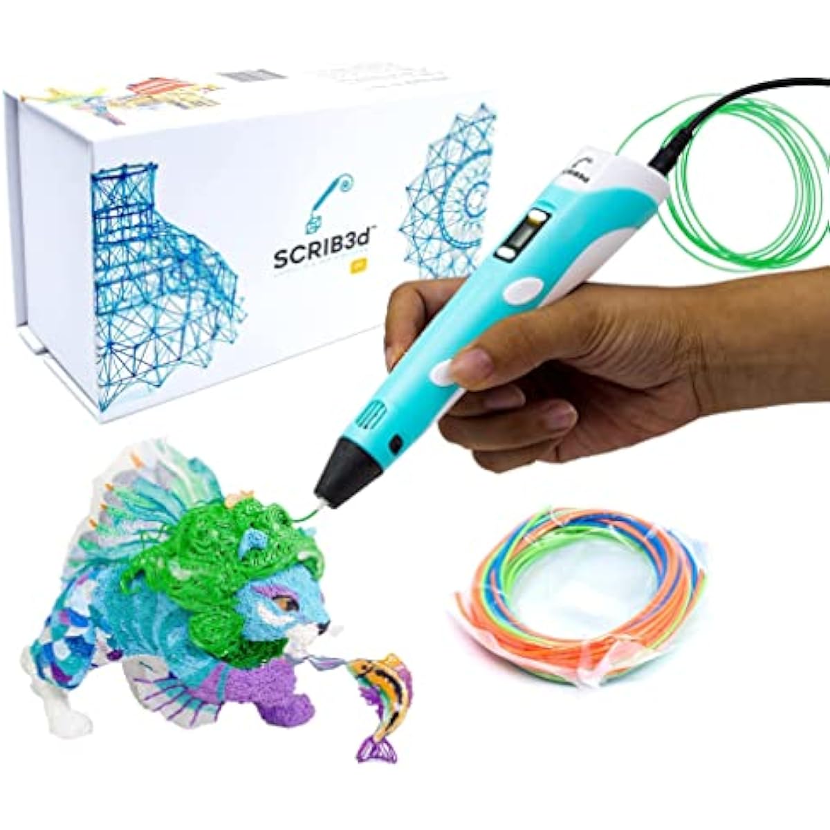 SCRIB3D P1 3D Printing Pen with Display - Includes 3D Pen, 3 Starter Colors of PLA Filament, Stencil Book + Project Guide, and Power adapter