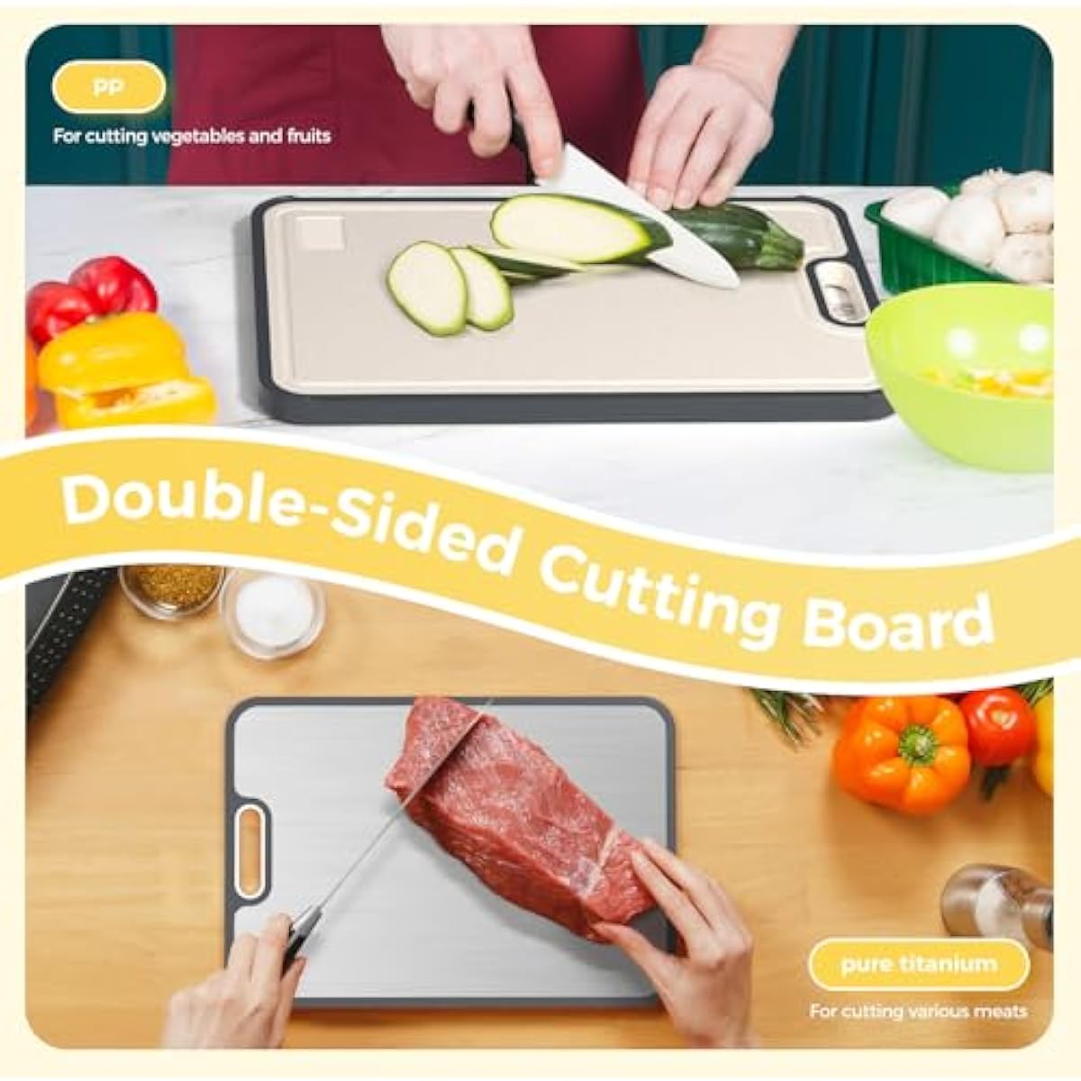 Titanium Cutting Board for Kitchen, Cutting Board Double Sided Food Grade, Pure Titanium/PP, Easy to Clean Large Size 16”×11”