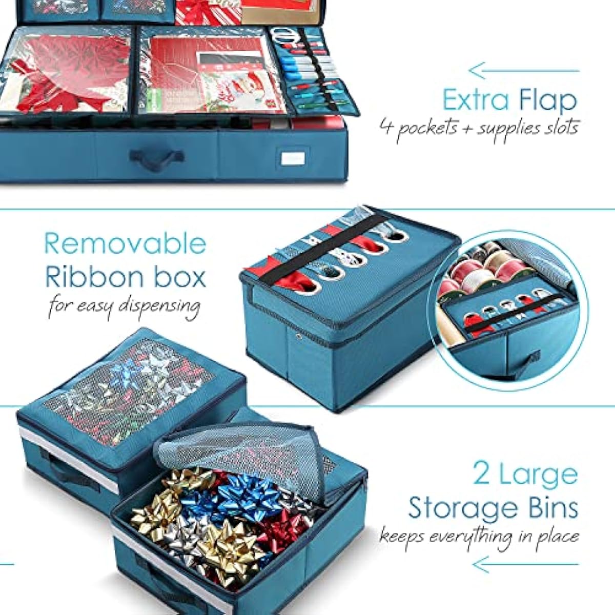 Hearth & Harbor Wrapping Paper Storage Container with Ribbon Dispenser and Interior Pockets - Large Christmas Storage Containers with Wheels, Fits 30 Rolls of 40" Length, Blue