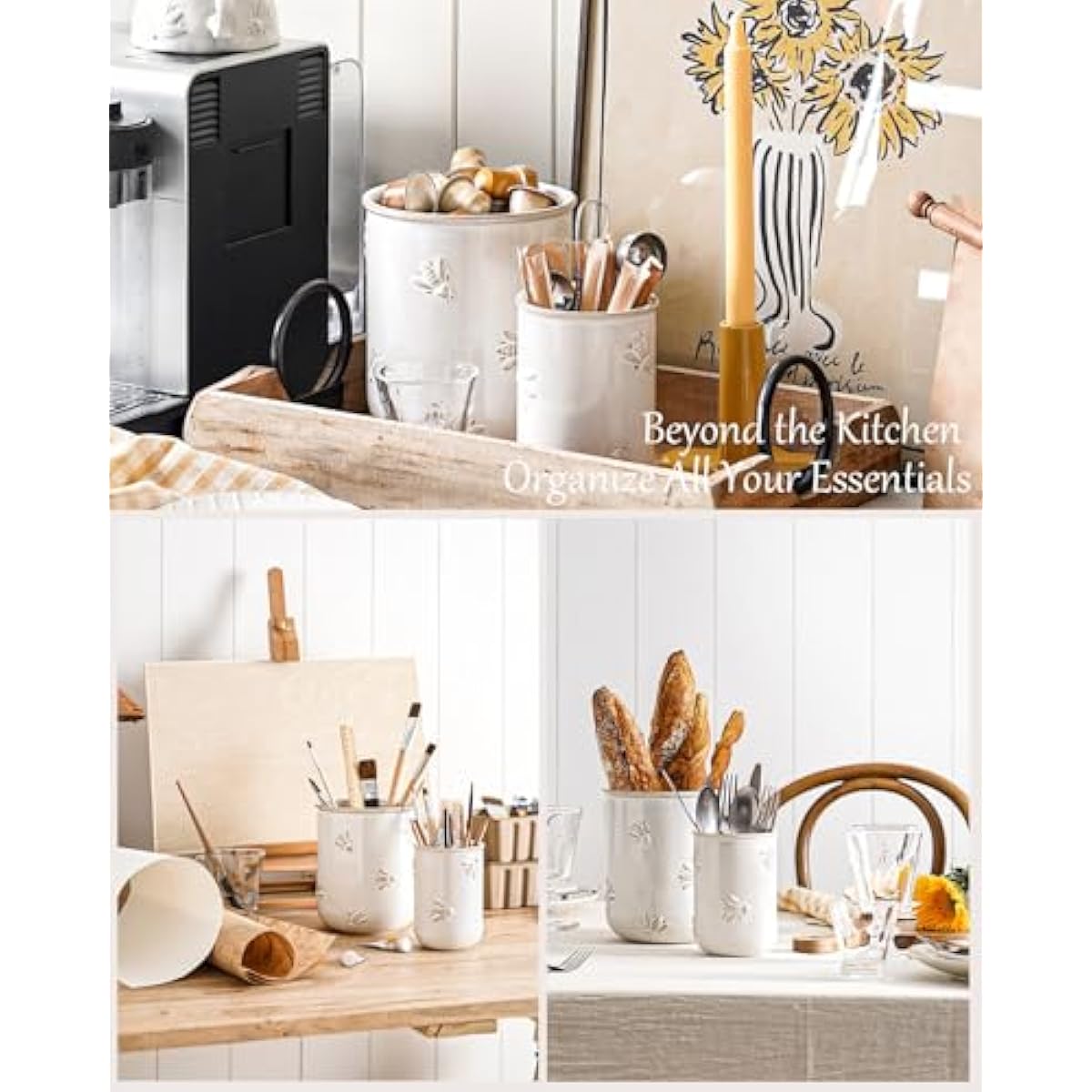 LE TAUCI Utensil Holder for Kitchen Counter - 6.9"+5.3" Ceramic Kitchen Utensil Holder Set of 2, Large Cooking Utensil Crock & Organizer for Spatula, Spoon - Embossed Kitchen Decor, White,Bee