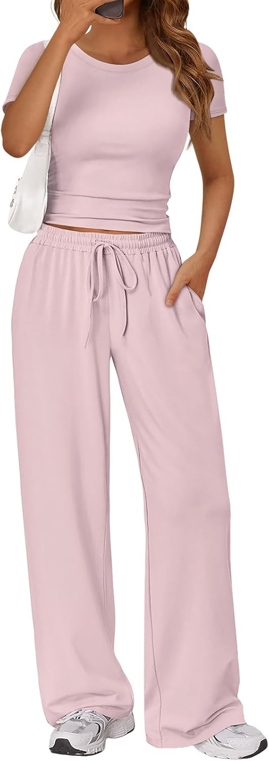 Trendy Queen 2 Piece Matching Summer Sweatsuit Lounge Set Womens Wide Leg Pants Side Ruching Crop Top Sets
