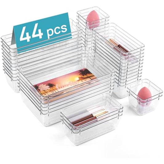 Vtopmart 44 PCS Clear Plastic Drawer Organizers Set, 4-Size Versatile Bathroom and Vanity Organizer Trays, Non-Slip Storage Containers for Makeup, Jewelries, Bedroom，Kitchen Utensils and Office