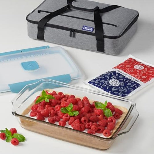 Anchor Hocking 3 Quart Glass Baking Dish with Lid, Insulated Carrier & Hot/Cold Pack