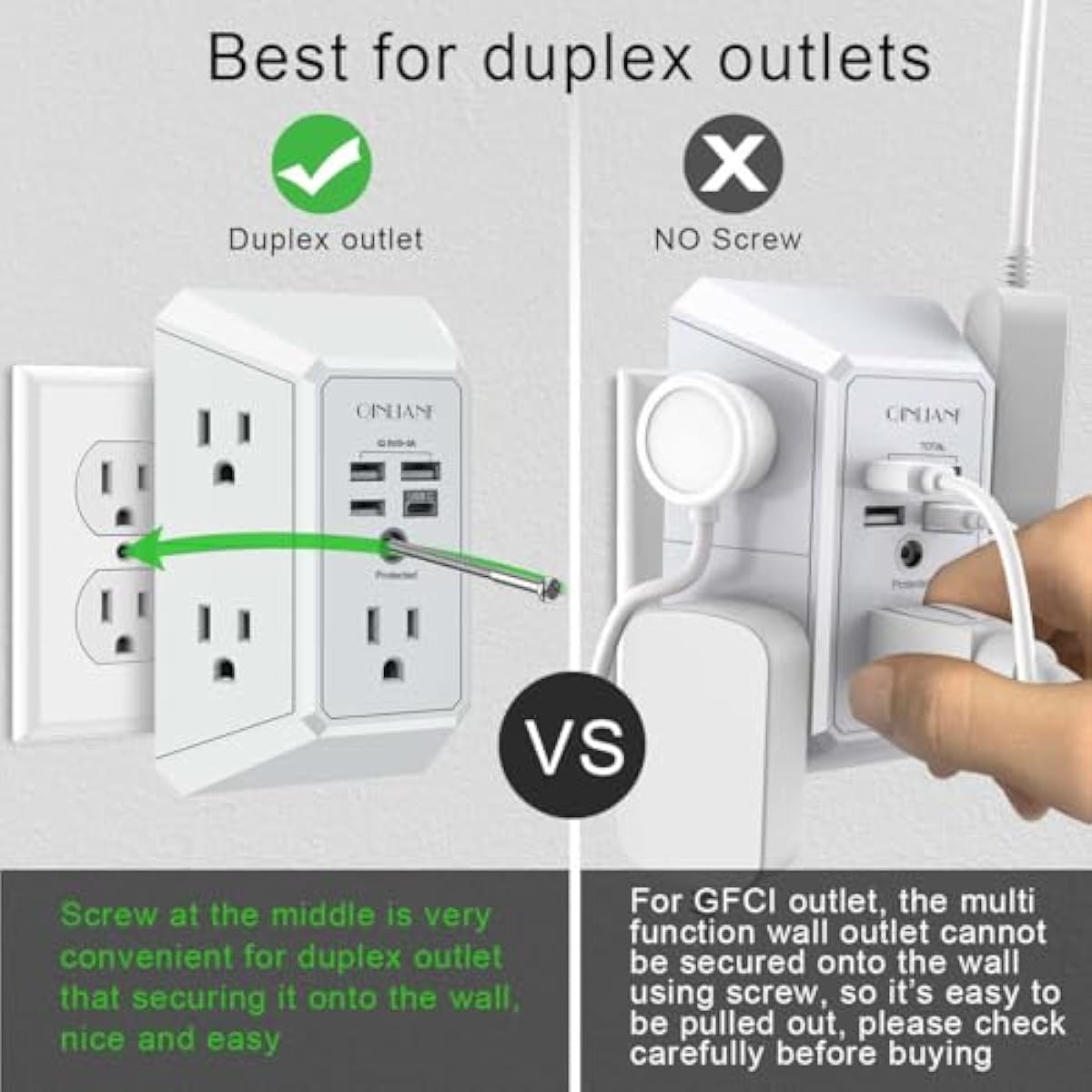 Wall Charger, Surge Protector, QINLIANF 5 Outlet Extender with 4 USB Charging Ports, 3-Sided 1680J Power Strip Multi Plug Adapter Spaced for Home Travel Office