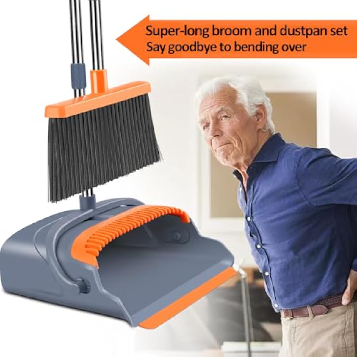 kelamayi Upgrade Broom and Dustpan Set, Self-Cleaning with Dustpan Teeth, Indoor&Outdoor Sweeping, Ideal for Dog Cat Pets Home Use, Stand Up Broom and Dustpan (Gray&Orange)