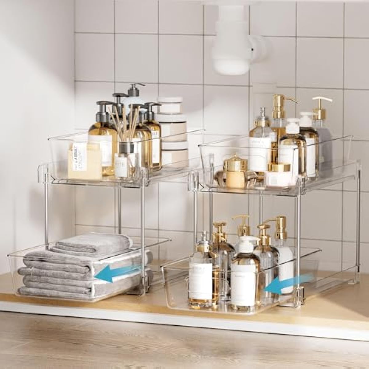 Vtopmart 4 Pack Bathroom Organizer, 2 Tier Clear Under Sink Organizers Vanity Countertop Storage Container,Cabinet Drawers Bins, Pull-Out Organization with Track for Pantry, Kitchen