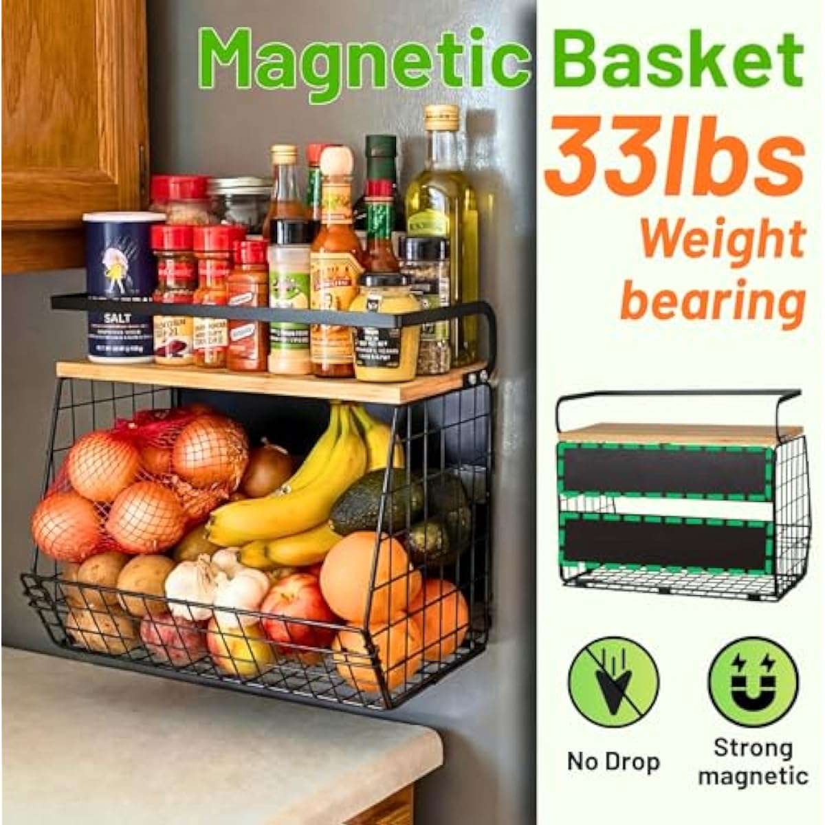 Ofiray-home Magnetic Shelf for Fridge with Wood Lid, Fruit Potato and Onion Storage Bins, Pantry Organizers & Storage, Large Container Magnetic Spice Rack for Refrigerator, Kitchen Counter, Cabinet
