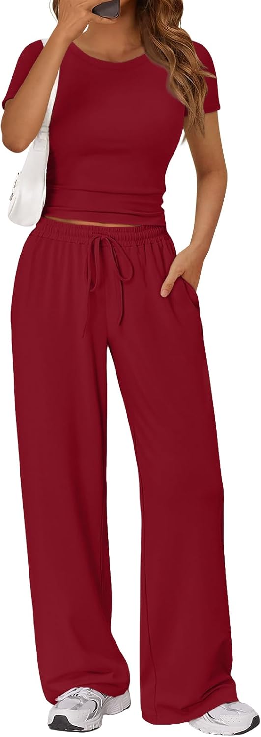 Trendy Queen 2 Piece Matching Summer Sweatsuit Lounge Set Womens Wide Leg Pants Side Ruching Crop Top Sets