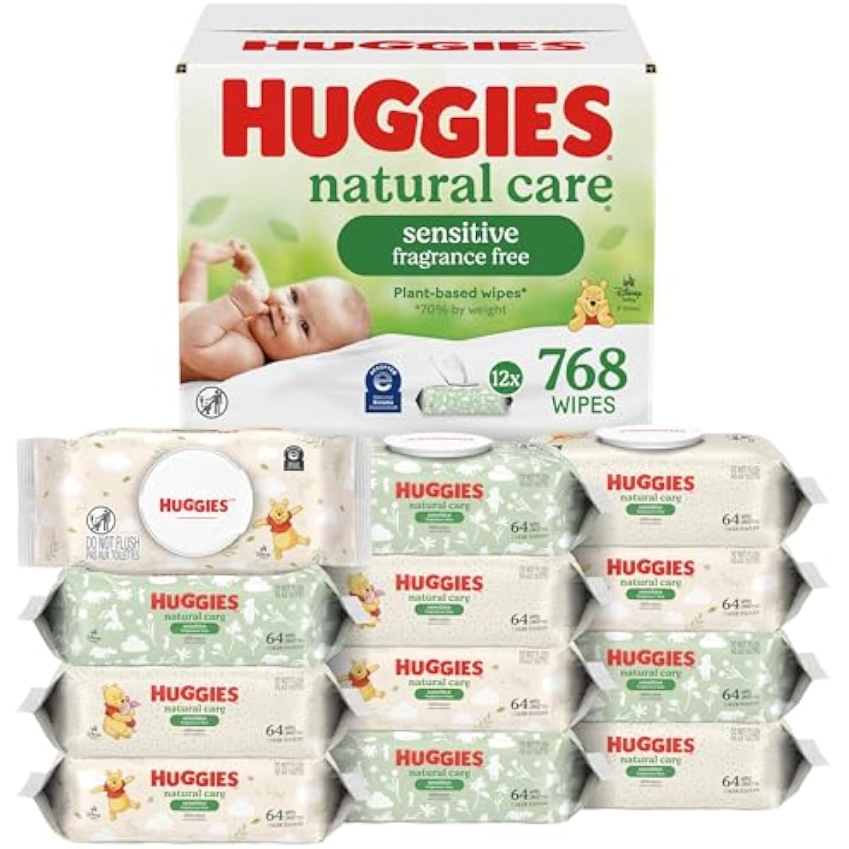 Huggies Natural Care Sensitive Baby Wipes, Unscented, Hypoallergenic, 99% Purified Water, 12 Flip-Top Packs (768 Wipes Total), Packaging May Vary