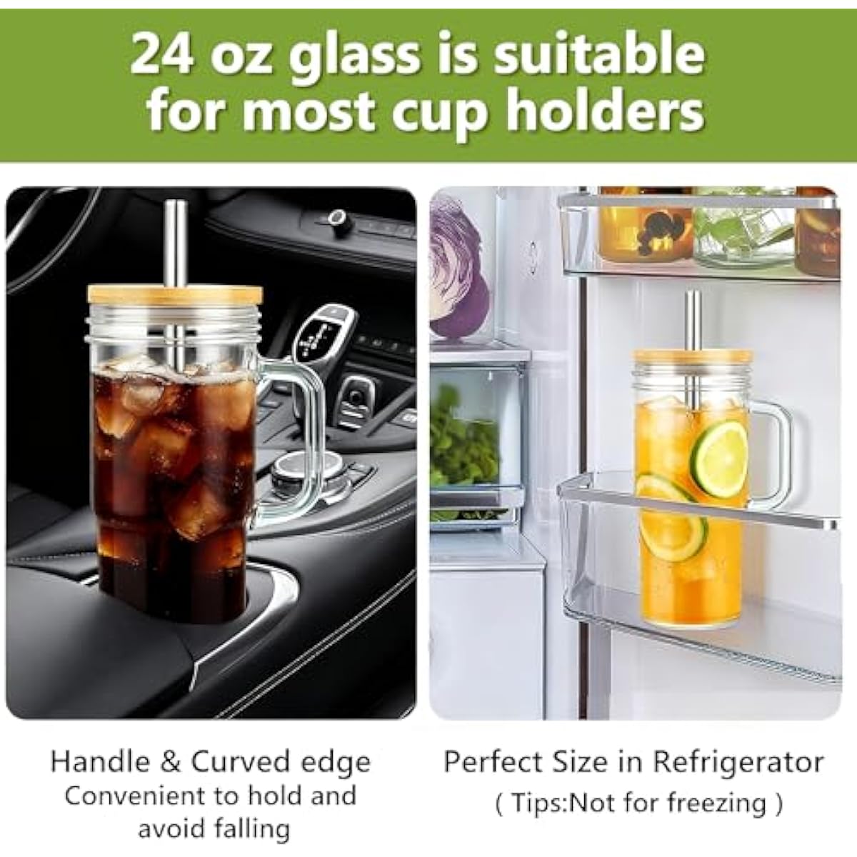 Birity 24oz Glass Cups with Lids and Straws,Glass Tumbler with Handle,2 set–Reusable Glass Ice Coffee Cups with Lid and Straw for Smoothies,Tea,Juice,Boba Cup for Cold & Hot Drinks,Travel Cup