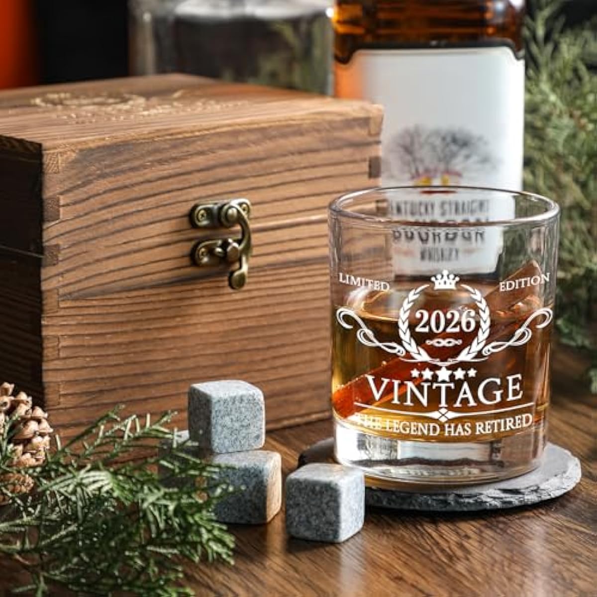 Retirement Gifts for Men Whiskey Glass Set - The Legend Has Retired 2026 - Retirement Party Decorations, Supplies - Gifts Ideas for Him, Dad, Husband, Friends - Wood Box & Whiskey Stones & Coaster
