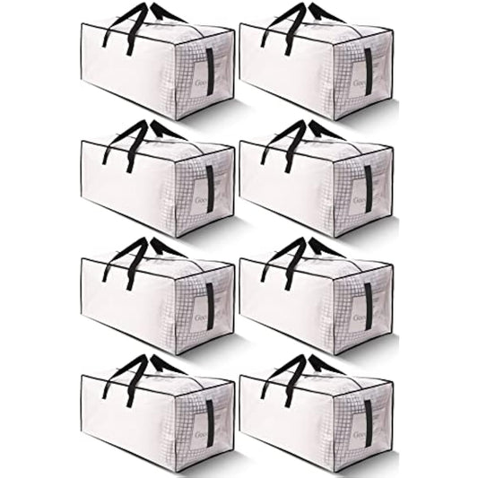 8 Pack Large Strong Moving Bags with Zippers & Carrying Handles - Water-Resistant - Heavy Duty Storage Tote for Space Saving, Fold Flat, Alternative to Moving Box (Semi-Transparent)