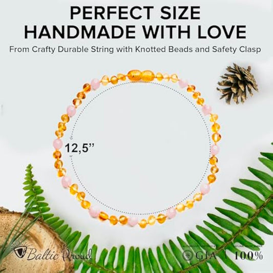 Baltic Proud Amber Necklace (Unisex Honey Rose Polished 12.5 Inches) - Certified Premium Quality Raw Baltic Sea Amber