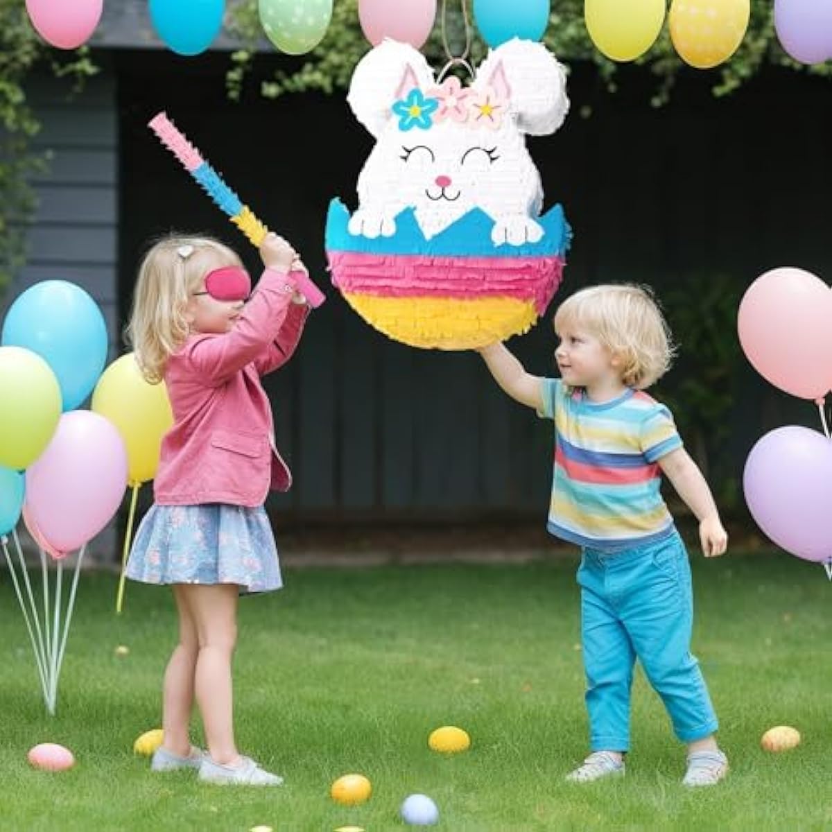 WERNNSAI Easter Bunny Piñata - Easter Rabbit Piñata Spring Pinata with Blindfold and Stick for Birthday Party Decoration Baby Shower School Activities Game Spring Party Game