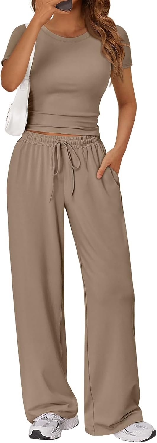 Trendy Queen 2 Piece Matching Summer Sweatsuit Lounge Set Womens Wide Leg Pants Side Ruching Crop Top Sets