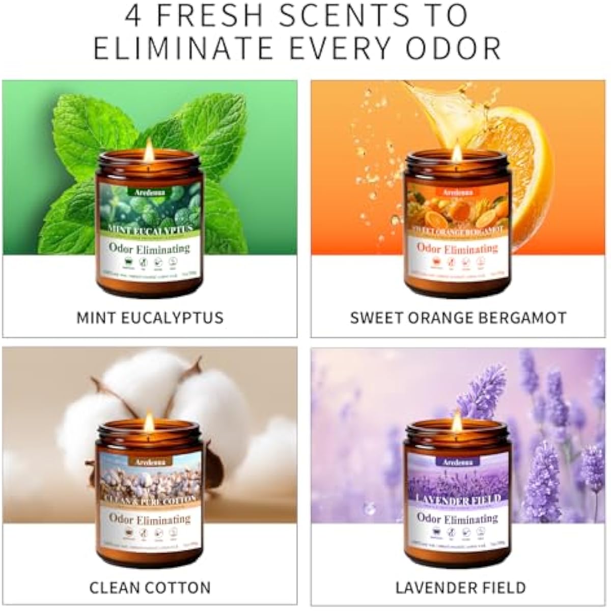 4 Pack Odor Eliminating Candles Set - Eliminates 95% of Pet, Smoke, Food & Other Smells - Hand Poured Non-Toxic Soy Candle, Air Freshing Scent of Lavender/Orange/Mint/Cotton - Gifts Set for Women